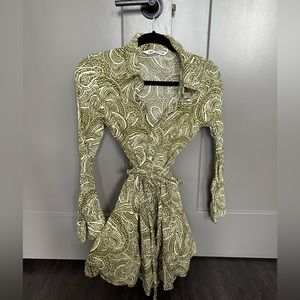Zara Green Pattern Long Sleeve Wrap Dress, XS